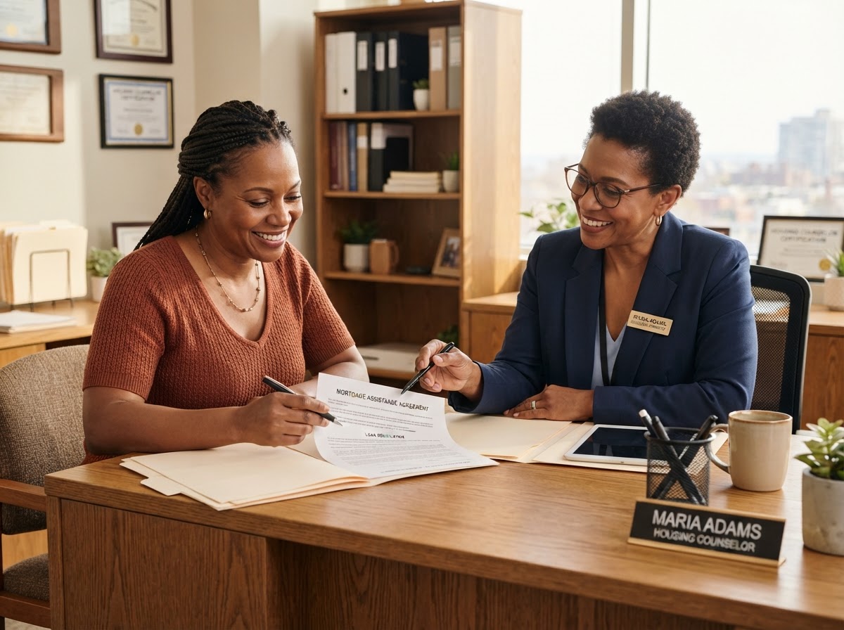 A homeowner reviewing her options with a housing counselor