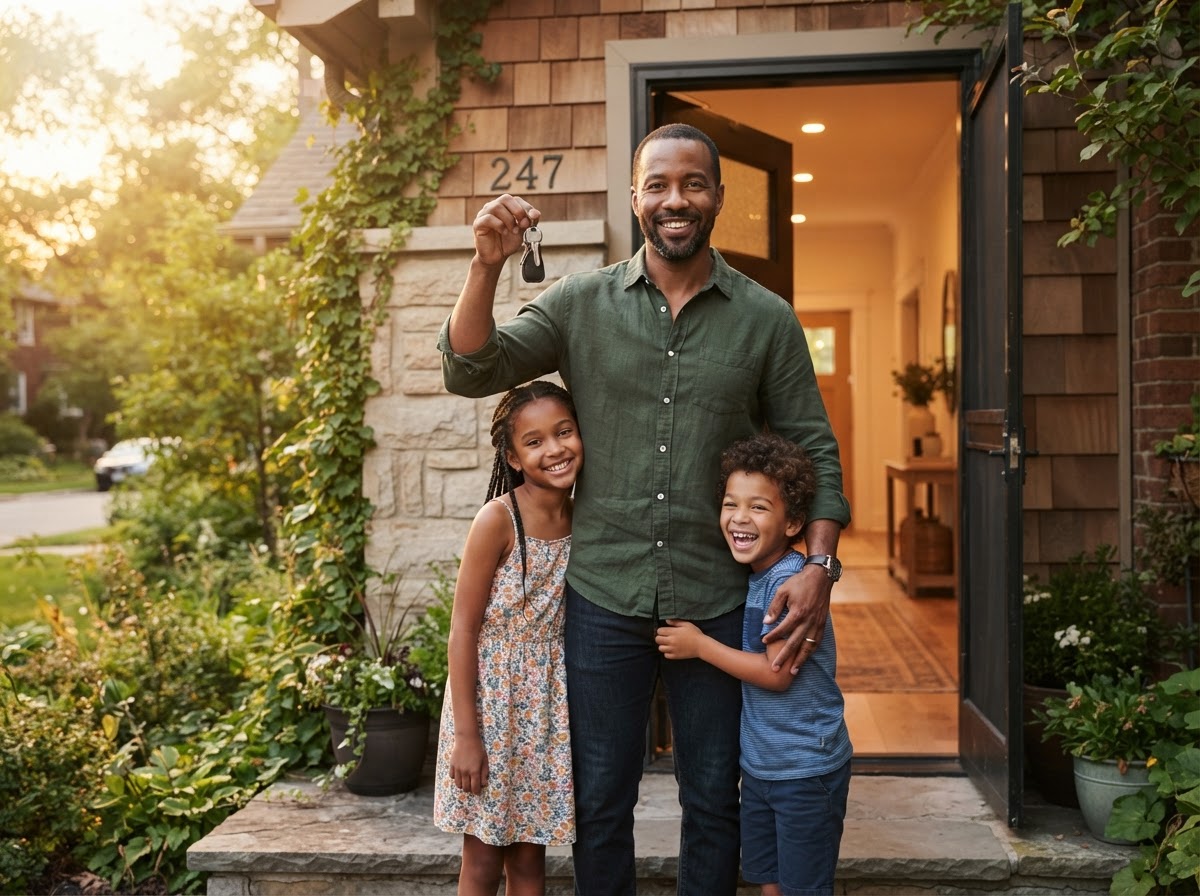 A father holding house keys with his two children