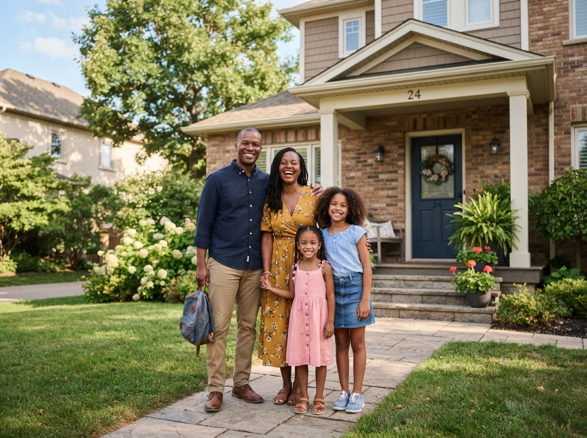 A family of four outside their home
